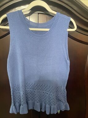 Sleeveless Light Blue Knit Ruffle-Hem Tank Top